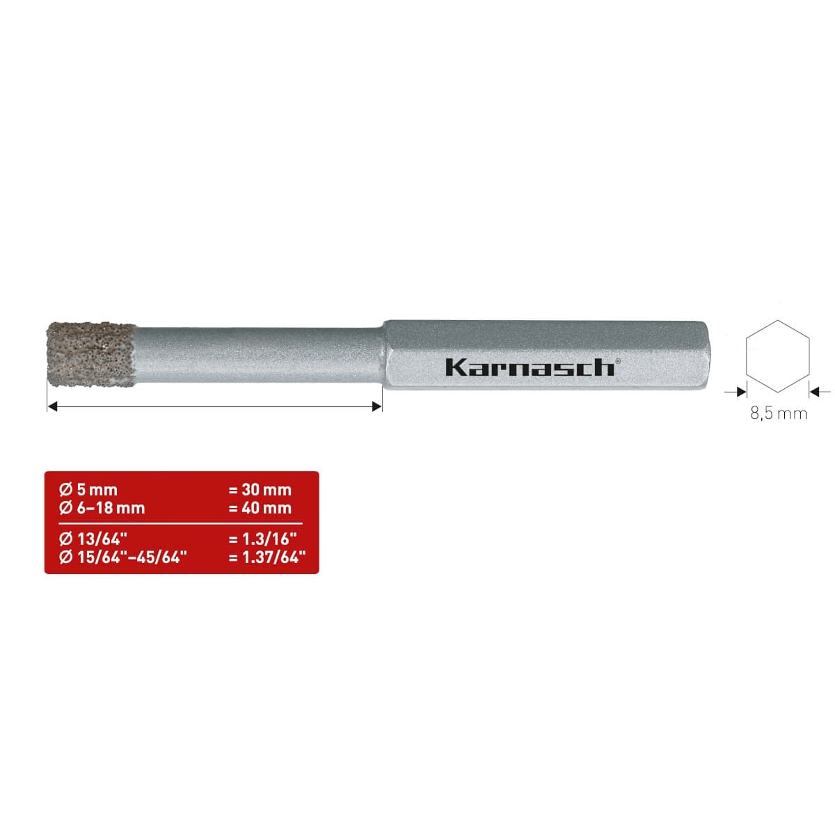 Коронка алмазная Karnasch DIAMOND-GRIT по стеклу и керамике Ø18х40 мм 21.1510-018